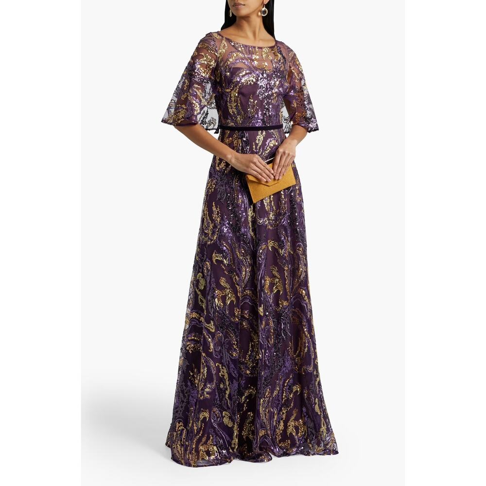 NWT Marchesa Notte 12 Embellished Tulle Evening Gown Purple Gold Velvet Trim